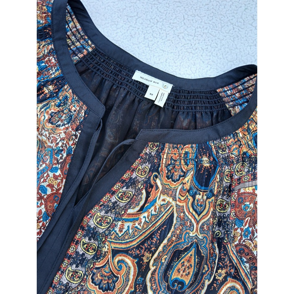 Meadow Rue Blouse Women XS Multicolor Paisley Excellent Metallic Boho Tie Neck